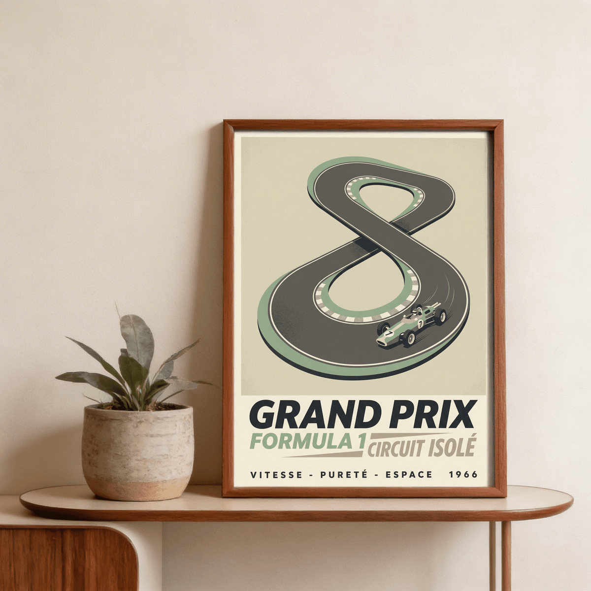 Retro motorsport wall art featuring an isolated circuit and single race car