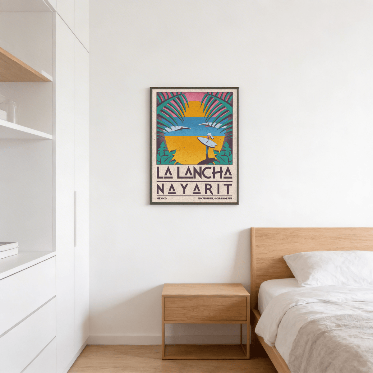 Minimalist surf graphic highlighting two boards slicing through stylized breakers