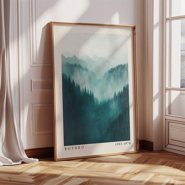 Mountain wall art with misty tree silhouettes and fading ridgelines.