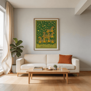 Folk illustration poster depicting multiple horses amid curling vines