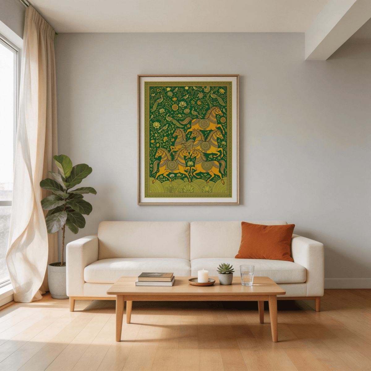 Folk illustration poster depicting multiple horses amid curling vines