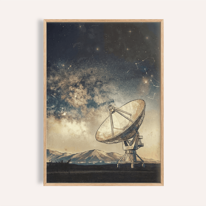Space Satellite Art Print in Blue Beige Black for living room wall art