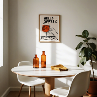 Illustrated bar poster with stemmed glass, orange drink fill, and dotted tabletop pattern