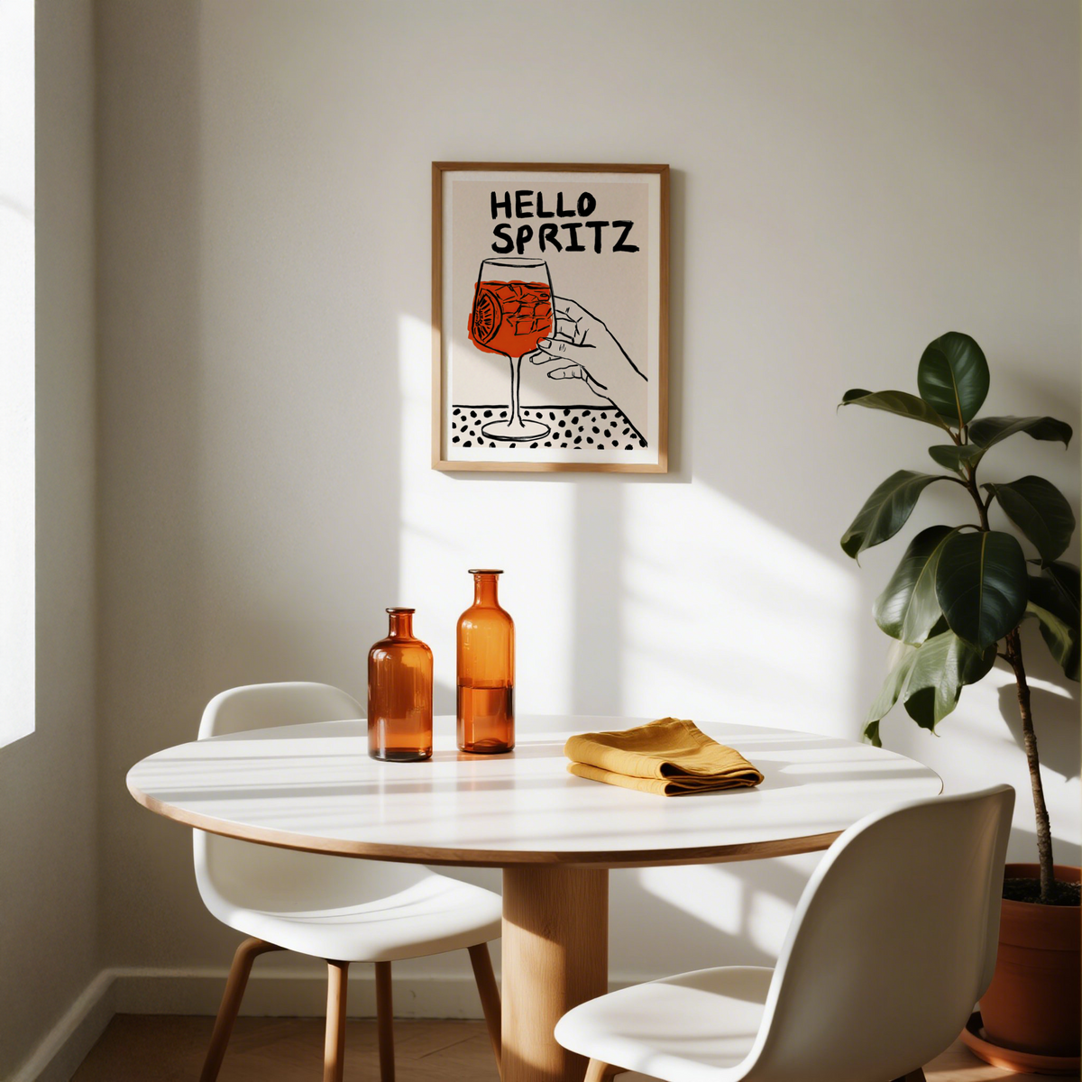 Illustrated bar poster with stemmed glass, orange drink fill, and dotted tabletop pattern