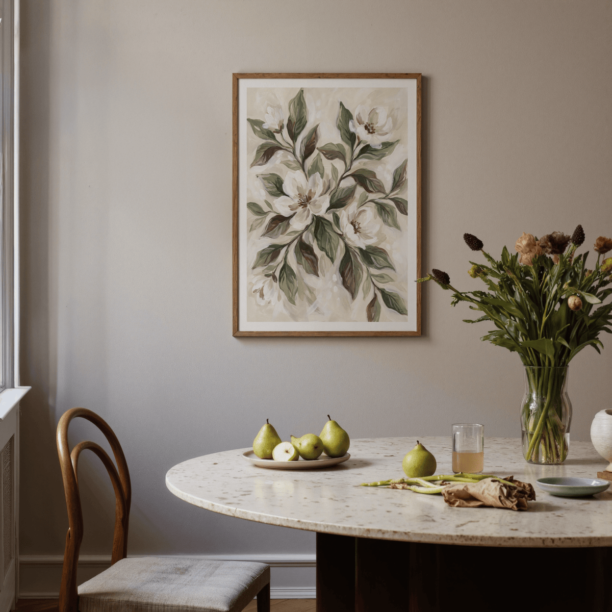 Magnolia Wall Decor with Green foliage and Brown accents for dining room print