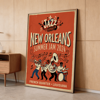 Illustrated festival poster showing trombone and sax players on parade