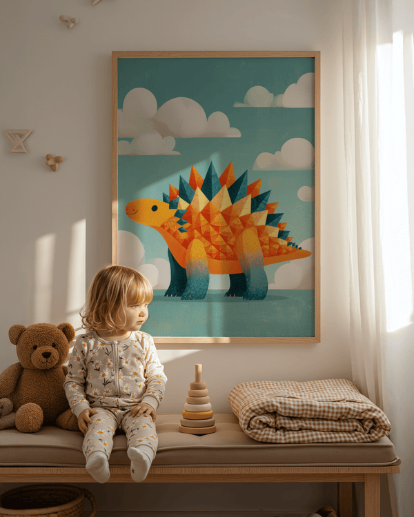 Orange and Blue Cute Dinosaur Art Print suitable for playroom decor