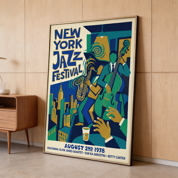 Bold vintage illustration of sax player and bass player under city lights