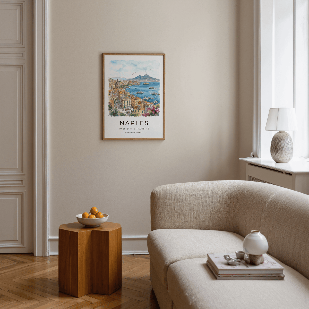 Watercolor illustration of Naples bay showing cathedral dome and harbor curve