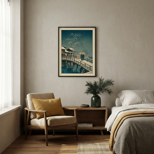 Packaging flat lay of rolled Hasui Kawase snow print ready for shipping