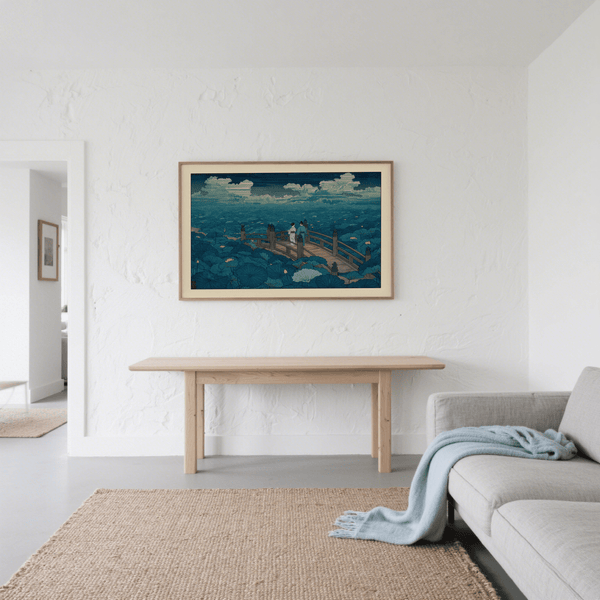 Hasui Kawase Japanese woodblock art with two figures on lotus bridge