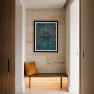 Decorative botanical poster with central lotus flower and patterned frame