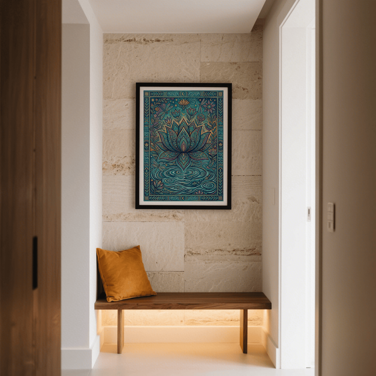 Decorative botanical poster with central lotus flower and patterned frame
