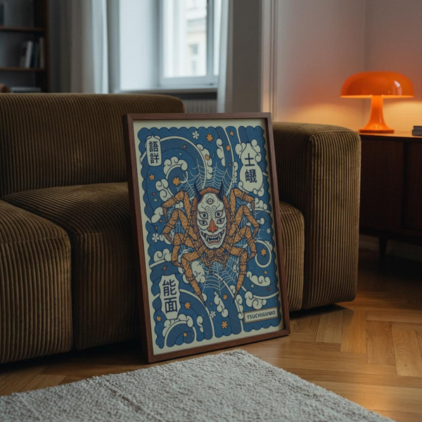 Vertical Japanese-inspired poster print with Tsuchigumo label, swirling waves, and blossom motifs