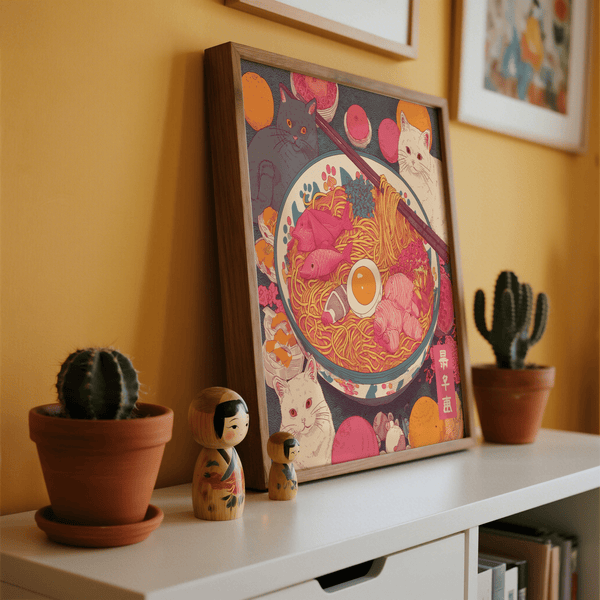 Anime-inspired Ramen Cat Print in Pink and Orange for hallway wall art