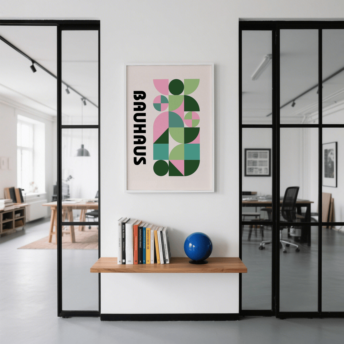 Modern Graphic Print poster with geometric shapes in Green and Pink for study