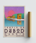 Color-block landmark poster print with temple buildings and diagonal path