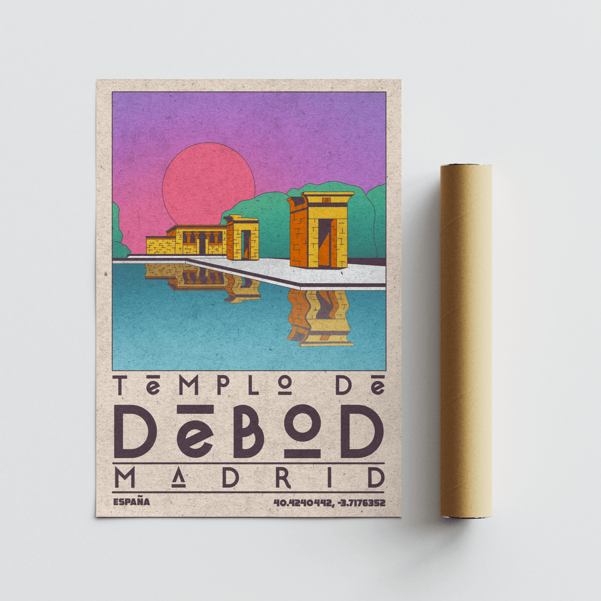 Color-block landmark poster print with temple buildings and diagonal path