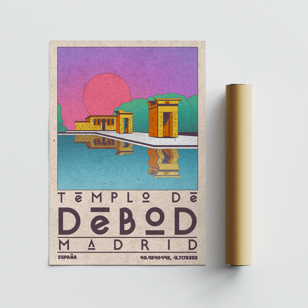 Color-block landmark poster print with temple buildings and diagonal path