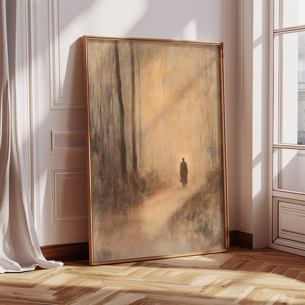 Antique Japanese prints inspired art with monk walking through sepia forest.