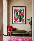 Bold green cactus print with red flowers and bird in Mexican Folk Art Cactus style.