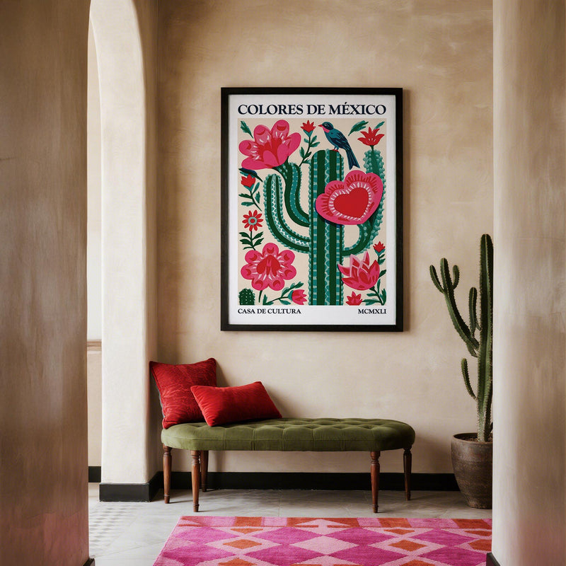 Bold green cactus print with red flowers and bird in Mexican Folk Art Cactus style.