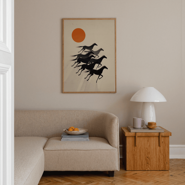 Dynamic equine silhouette artwork with trailing brush-stroke tails
