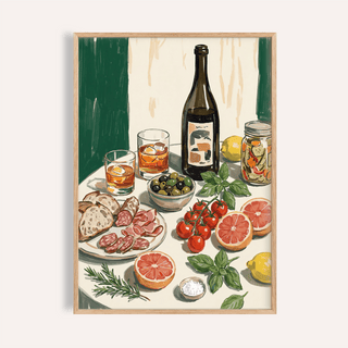 Framed Food And Drink Art Print of a charcuterie table with wine, fruit and herbs in earthy tones
