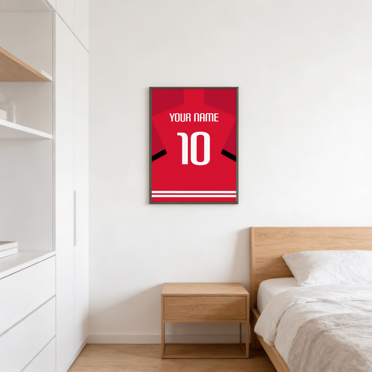 Minimal football shirt poster showing YOUR NAME above large 10