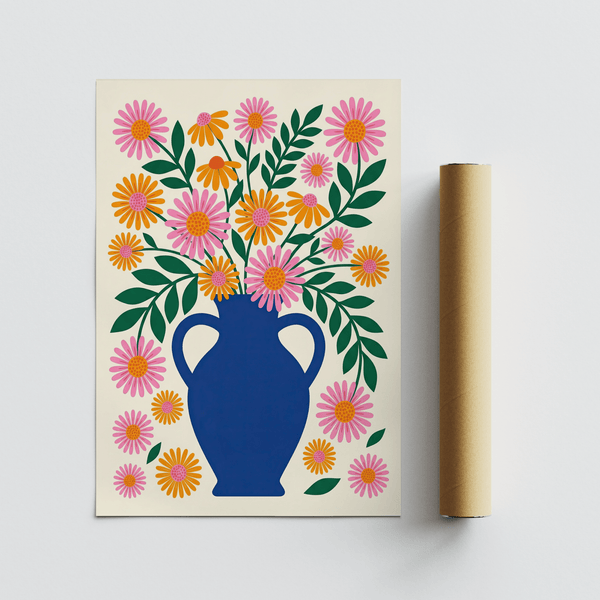 Vase Art Print using Blue vase with Pink and Orange florals for entryway