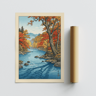 Desk-level room scene with river landscape art hung above a console