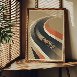 Minimal retro racing scene with layered red and blue stripes