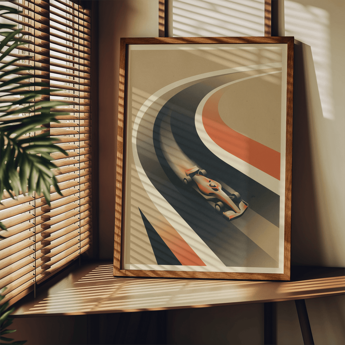 Minimal retro racing scene with layered red and blue stripes