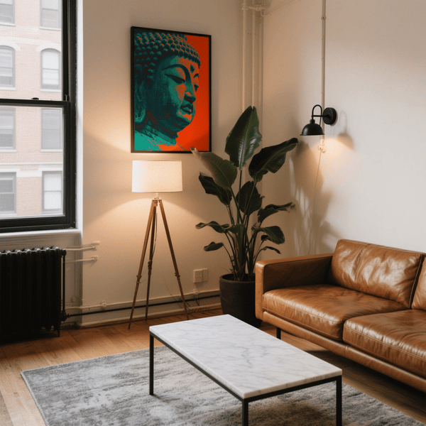 Buddha Wall Art for yoga room, red and blue, contemporary poster