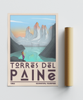Lower border detail with coordinates and bold title on Torres Del Paine travel poster