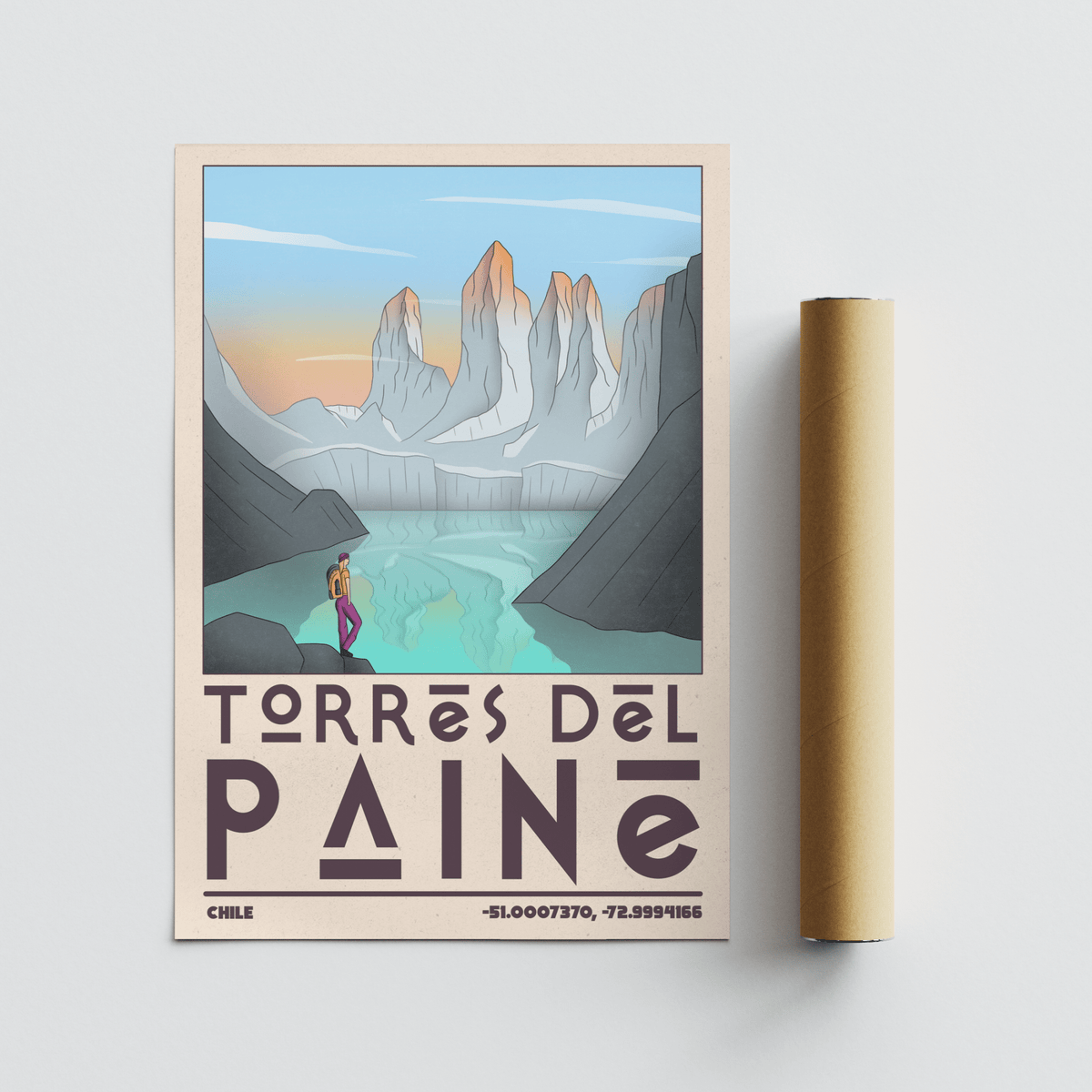 Lower border detail with coordinates and bold title on Torres Del Paine travel poster