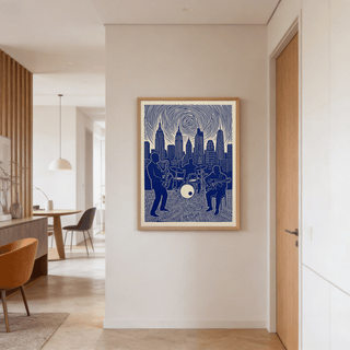 Seated guitarist and drum set in a jazz music wall art print with zigzag ground