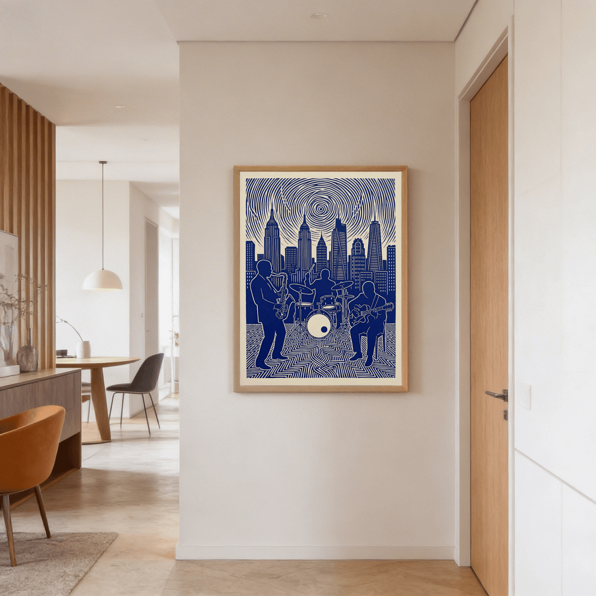 Seated guitarist and drum set in a jazz music wall art print with zigzag ground