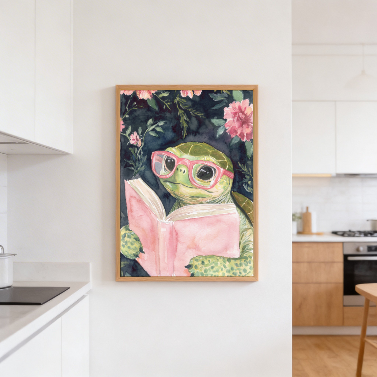 Nursery wall art print of a turtle in glasses reading, with soft painted washes and flowers