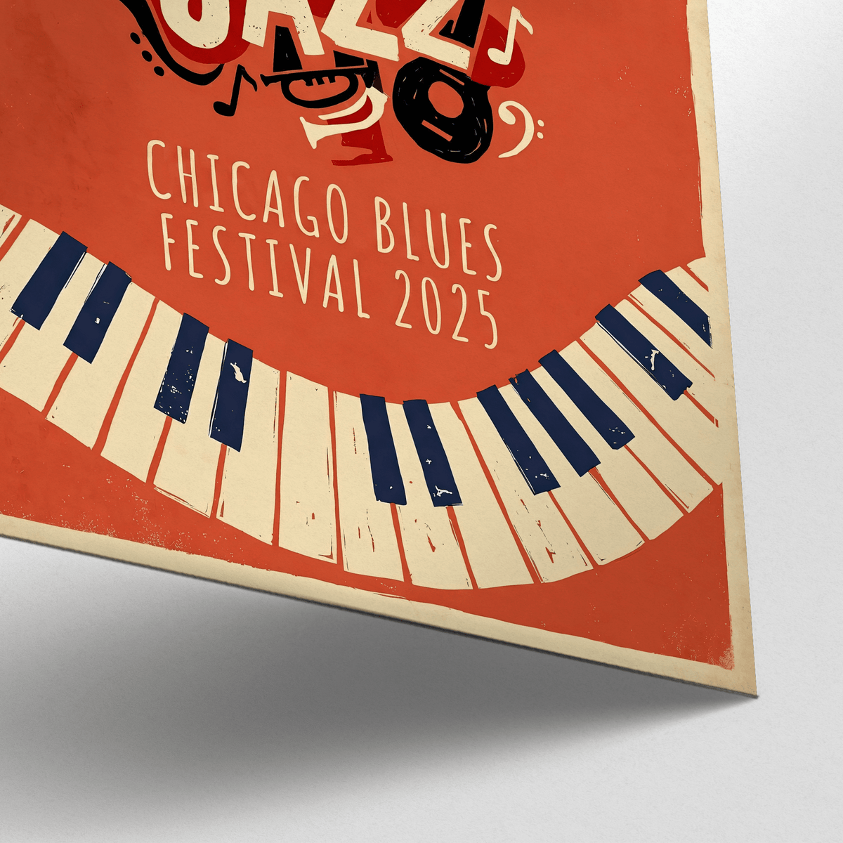 Jazz Festival Art Print with central JAZZ typography, saxophone bell, and trumpet illustration