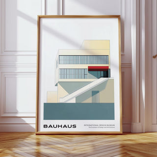 Geometric mid century modern art print with soft beige and grey Bauhaus design.