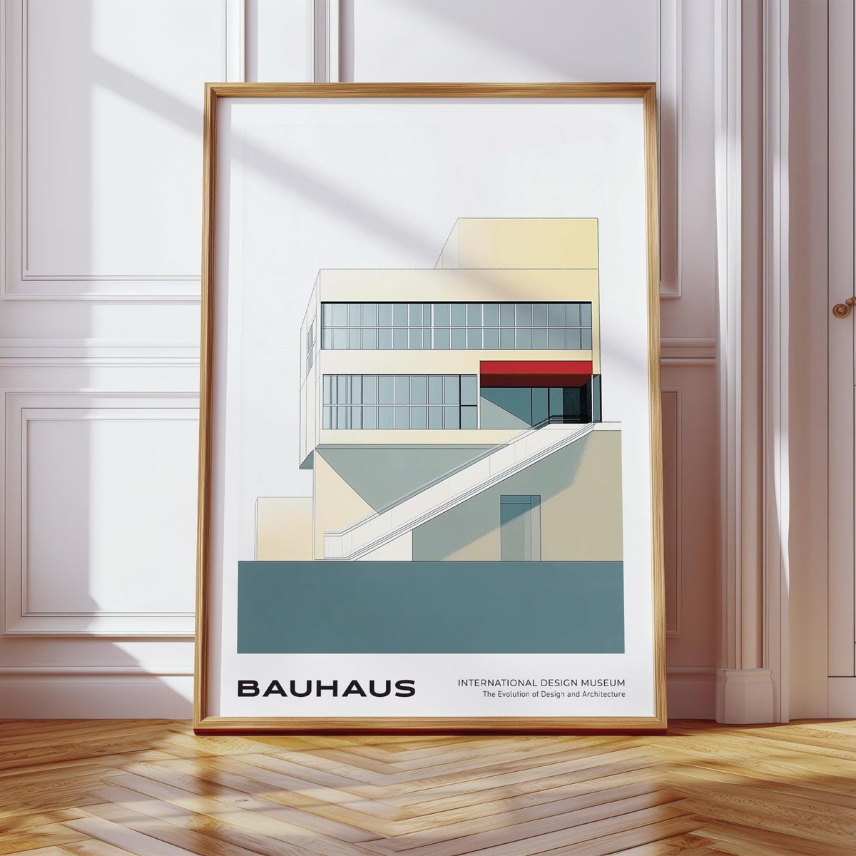 Geometric mid century modern art print with soft beige and grey Bauhaus design.