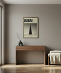 Minimalist Dubai architecture poster print with large headline text and central Burj Khalifa image