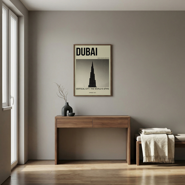 Minimalist Dubai architecture poster print with large headline text and central Burj Khalifa image