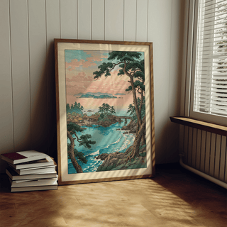 Hasui Kawase sea landscape print wall art featuring calm water, island silhouettes, and coastal rocks