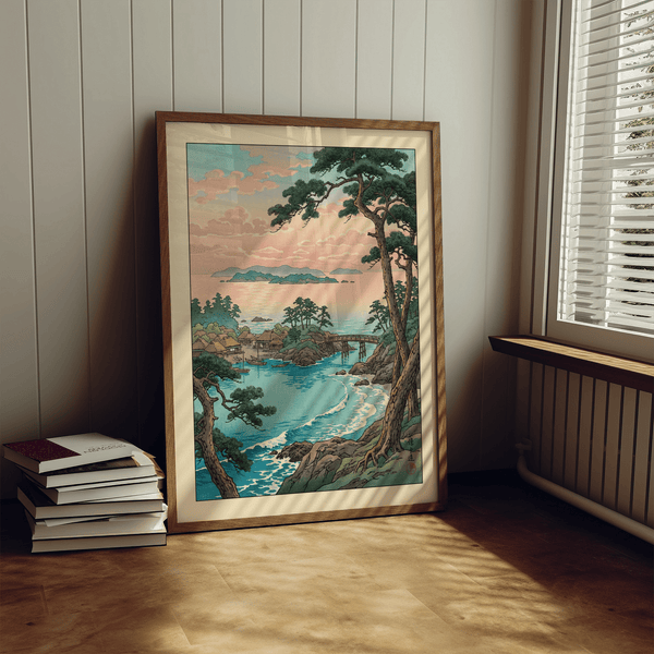 Hasui Kawase sea landscape print wall art featuring calm water, island silhouettes, and coastal rocks