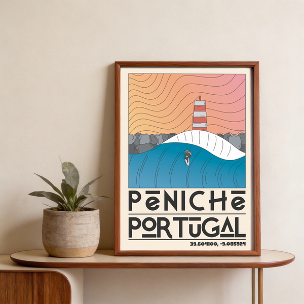 Peniche Portugal Wall Art grouped with other travel prints above console table