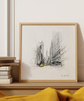 Black and white New York City drawing with yellow taxi accents