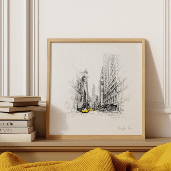 Black and white New York City drawing with yellow taxi accents