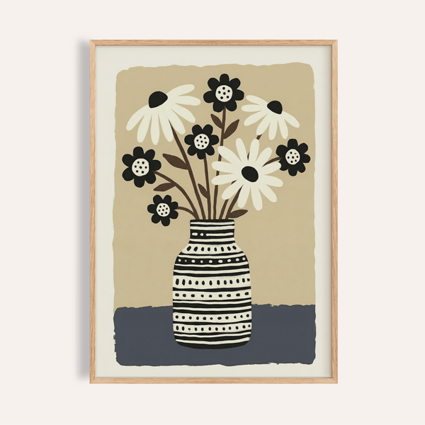 Flower Vase Wall Art with Gray, Beige, White, and Black for living room poster
